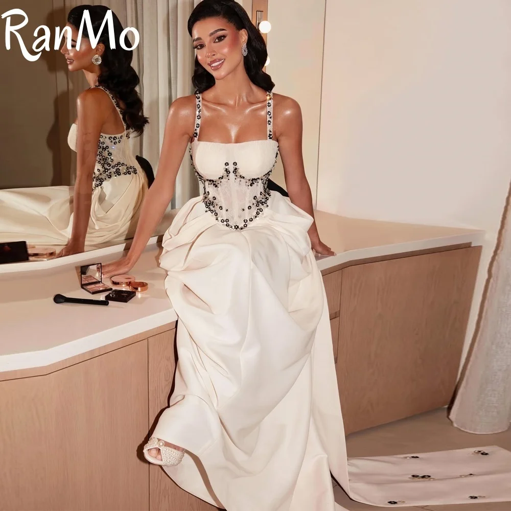 Ranmo New Elegant Spaghetti Strap Prom Party Dress Pleats Beaded Floor Length Customized Evening Gown Long فستان بيكو