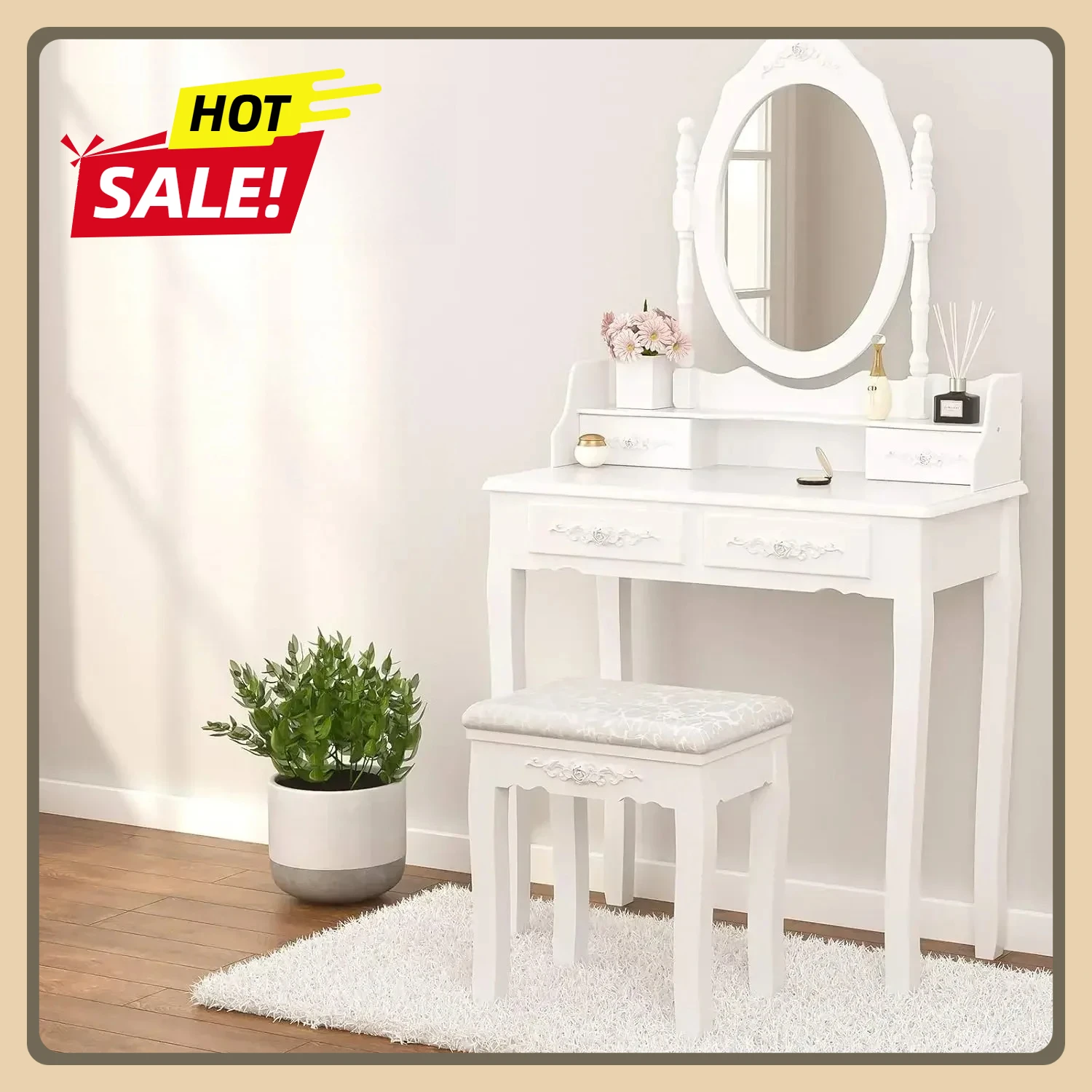 

Vanity Table Set with 4 Drawers White, Makeup Table with Oval Mirror & Stool, Bedroom Wood Dressing Table