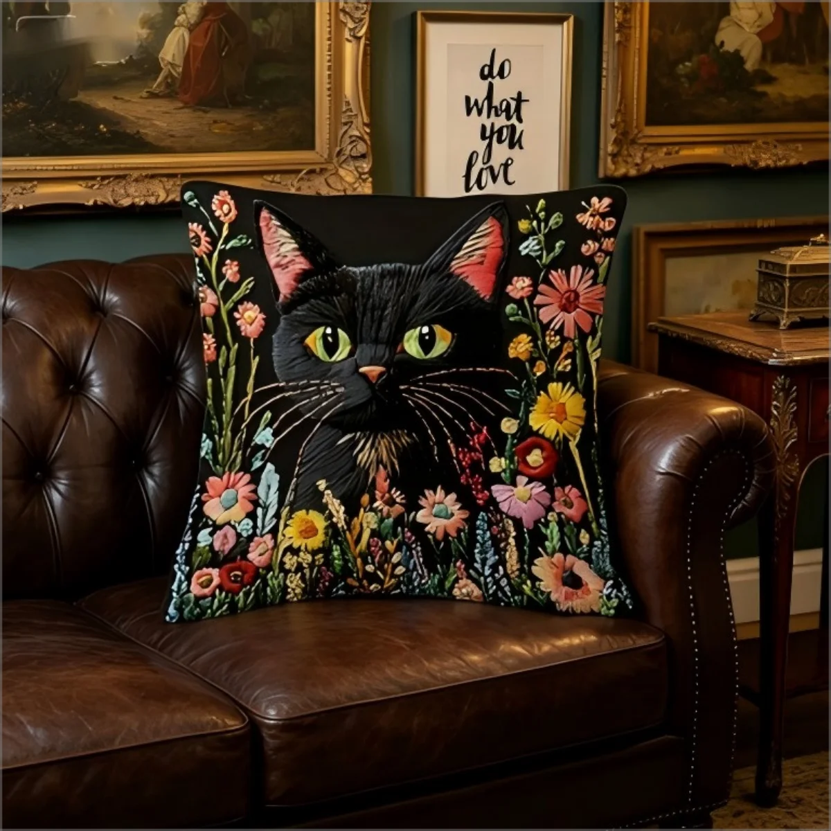 Schwarze Katze Kissenbezug, Blumenmuster im Gothic-Stil mit Wildblumen, Dekorativer Kissenbezug