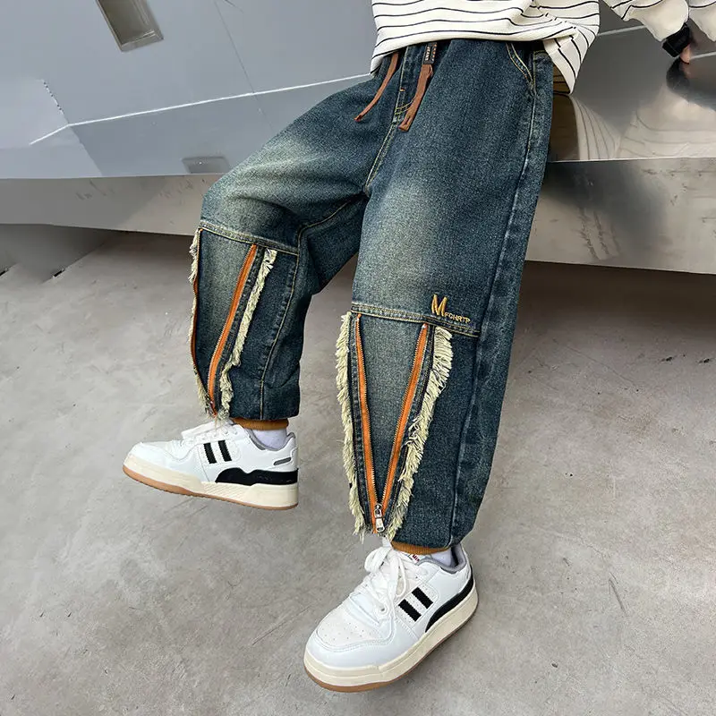 

Kids' Fleece-Lined Thickened Jeans for Boys Autumn Winter Loose Fit Casual Unisex Long Pants Retro Style