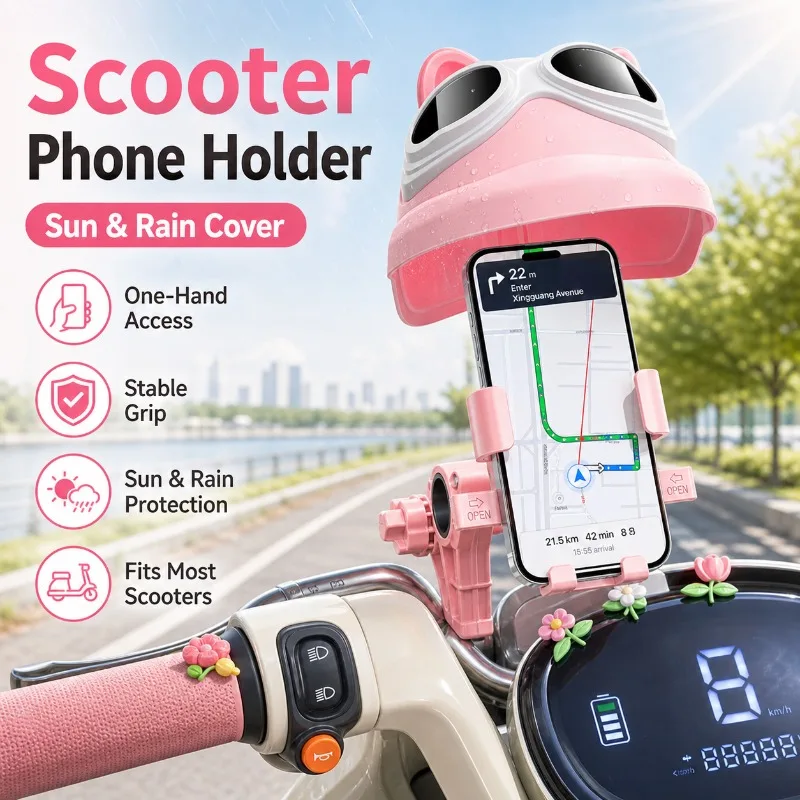 

Universal Scooter Phone Mount with Hood, Rain Sun Shield Mobile Holder for Bike E-Bike Motorcycle