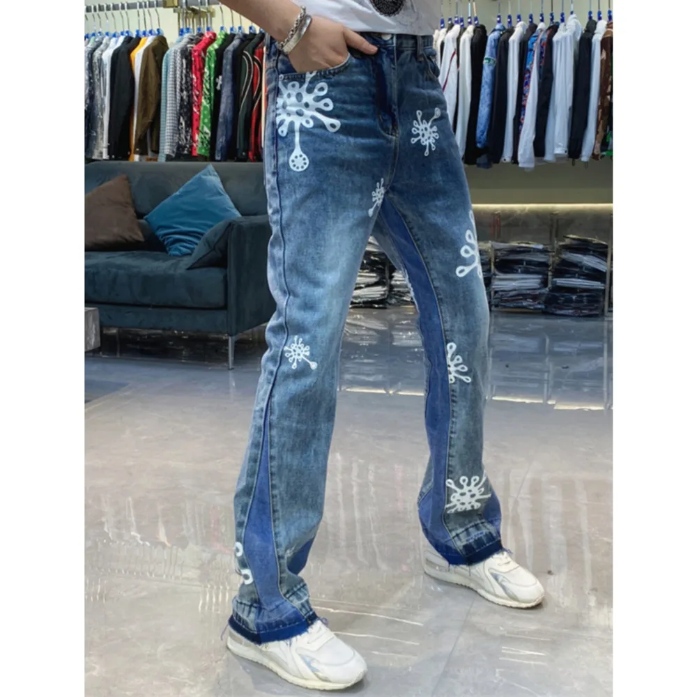 High Street Vintage Blue Jeans White Motif Print Pants Casual Straight Legs Trousers Fashion Contrast Gusset Vaqueros Hombre