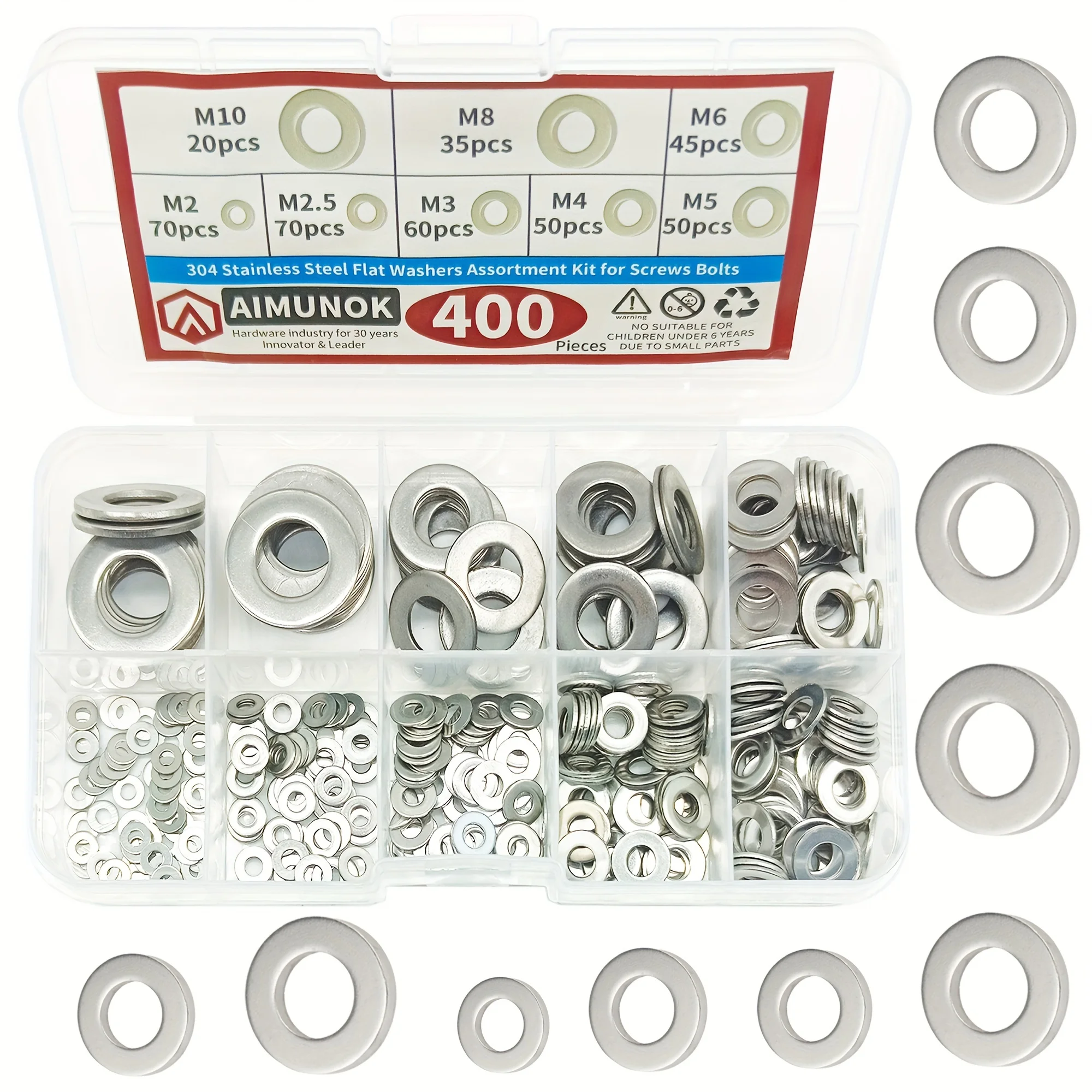 304 Stainless Steel Flat Washers Set 400 Pieces, 8 Sizes - M2 M2.5 M3 M4 M5 M6 M8 M10 Suitable for Home Decoration, Factories Re