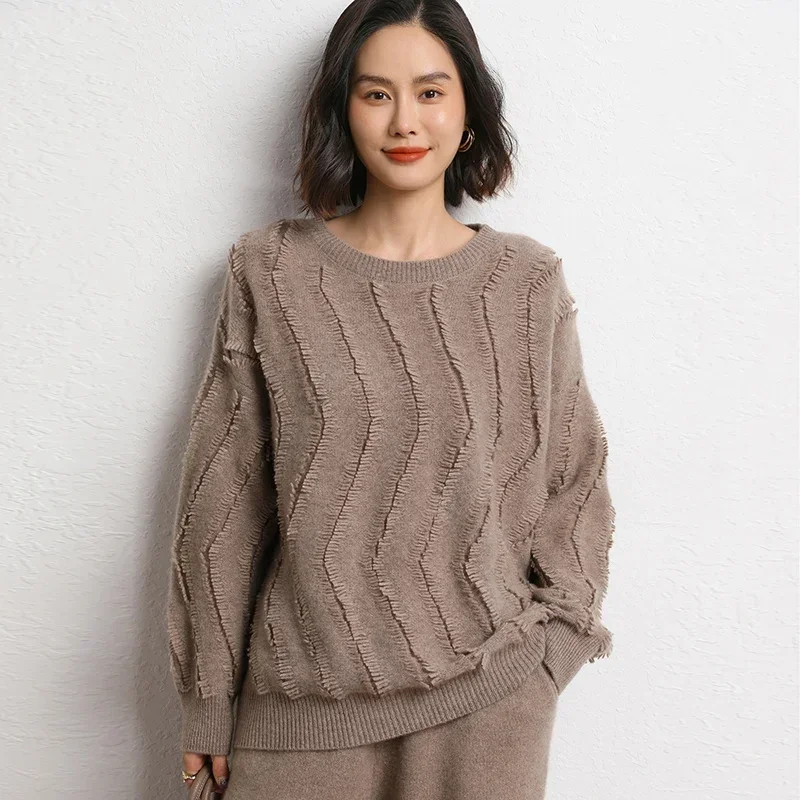 2023 Hot Sale Autumn Winter Women's 100% Cashmere Sweater Fashion O-Neck Pullover Female Loose Large Size Thicken Knit Jumper