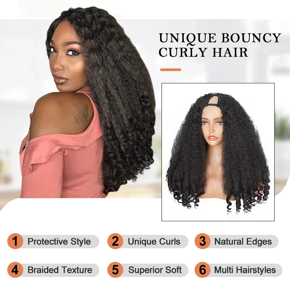 Peruca afro-kinky encaracolada em V para mulheres, reta sintética com ponta encaracolada, cabelo bouncy fofo, cabelo preto trançado