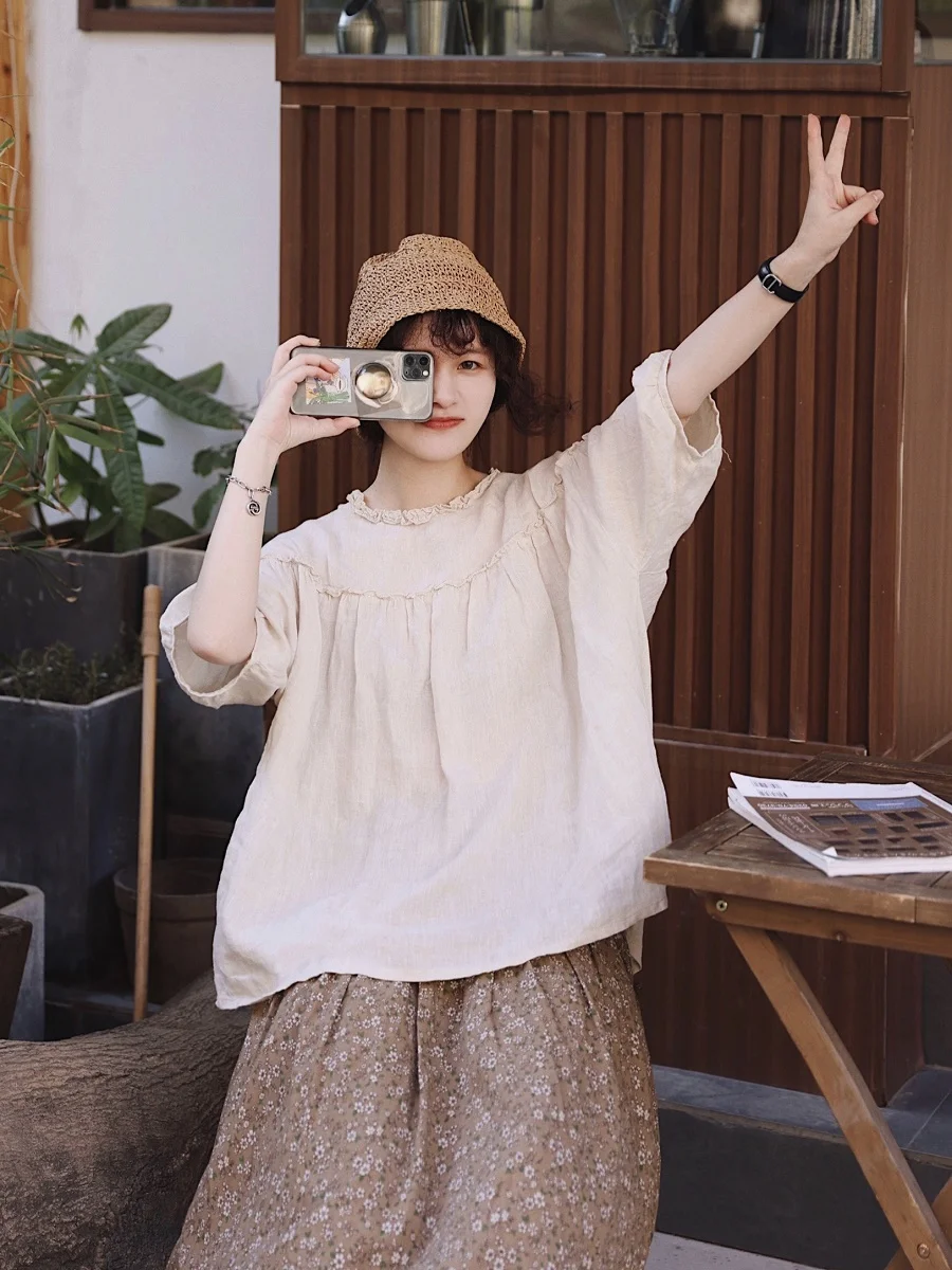 

Хлопково-льняная женская рубашка с рукавами-фонариками, винтажный пышный топ в японском стиле, летняя милая свободная блузка с цветочным узором, однотонная