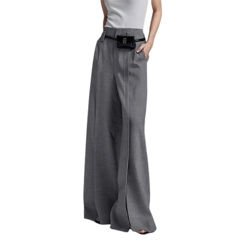 Uoozee 2024 New Arrivals Female Stylish Wide Leg Suit Pants Spring Autumn Split-Front High Waisted Trousers for Office Lady