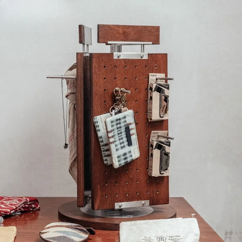 

Rotating hole board display rack, three-sided rotating retro industrial wind rack, wooden jewelry hanger