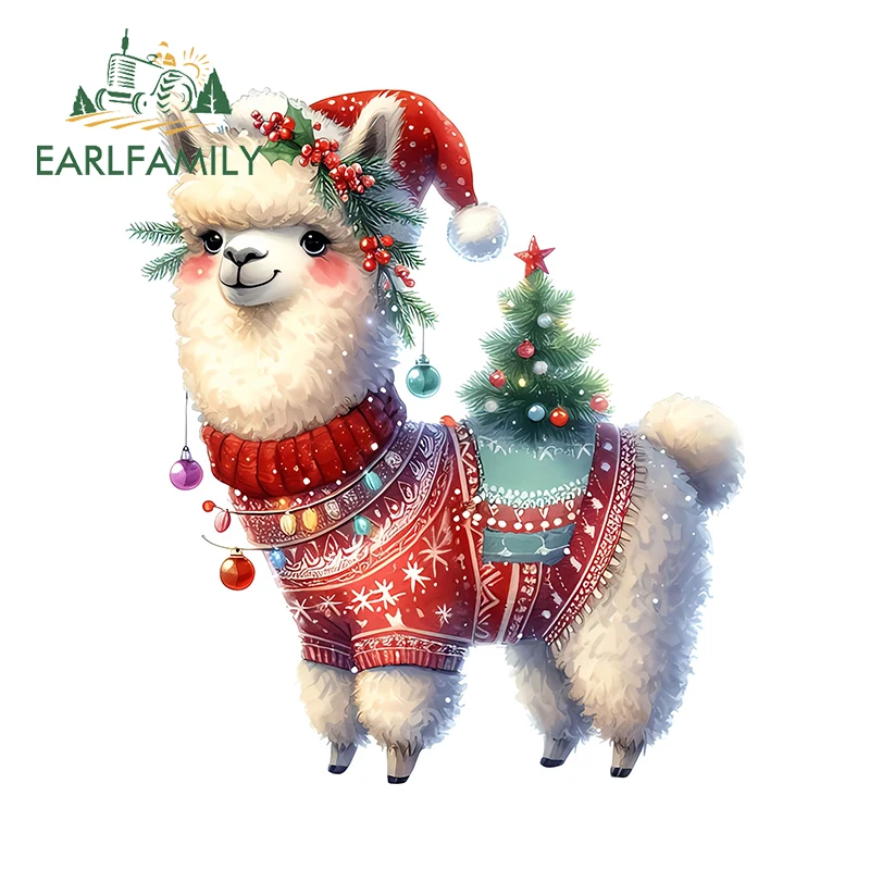 EARLFAMILY 13cm × 11.6cm Christmas Style Alpaca Chibi Car Stickers Attractive Funny Cartoon Animals Decals Waterproof Car Goods