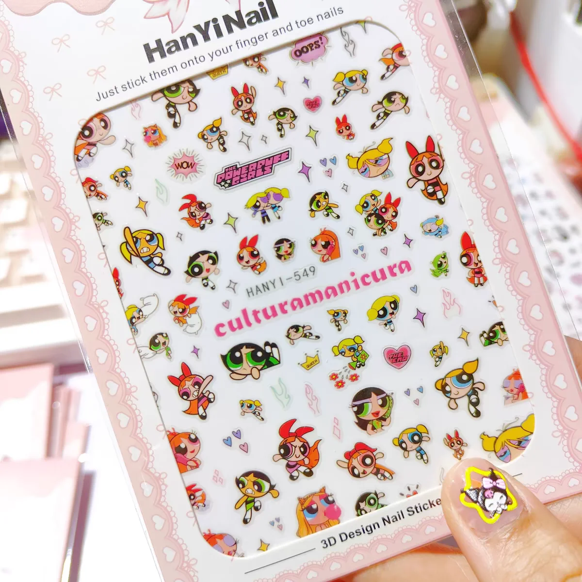 1 sheet Cartoon Powerpuff Girls nail sticker with adhesive y2k cute big eyes baby Spice betty