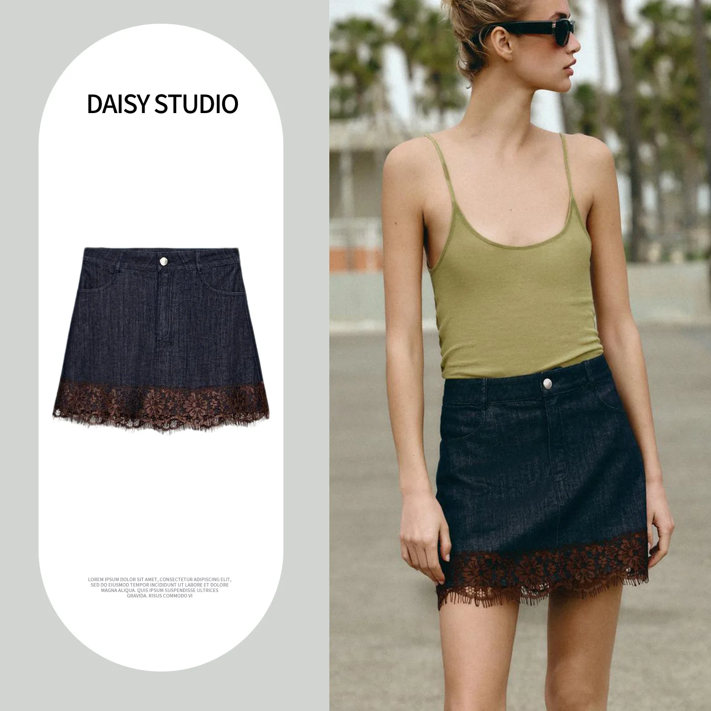 

Spring 2026 Women's New Casual Style Short Denim Skirt with Lace Trim And Inner A-Line Midi Skirt Standard Fit Polyest...
