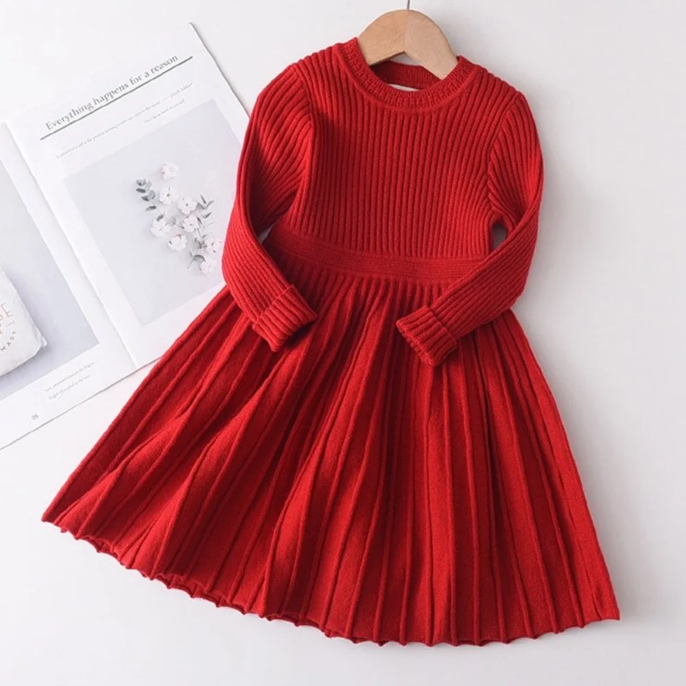 Flower Girl Dresses Autumn and Winter Solid Color Round Neck Long Sleeved Pleated Base Dress Kids Dresses for Girls