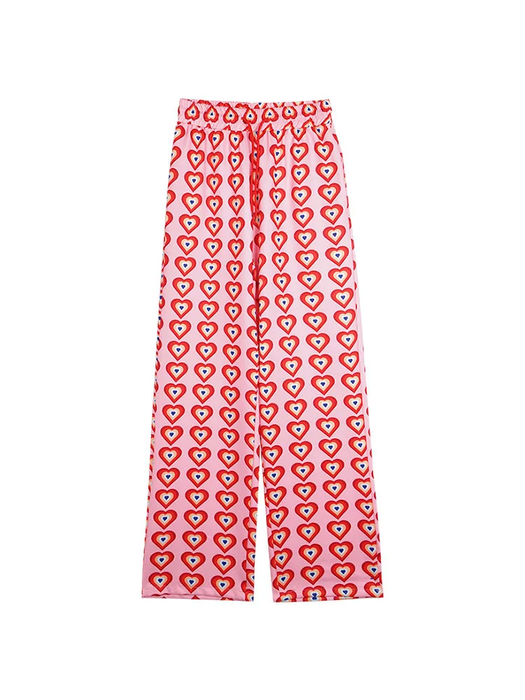 Women's Popular Heart-Shaped Printing High Waist Drawcord Loose And Slim Wide Leg Pants