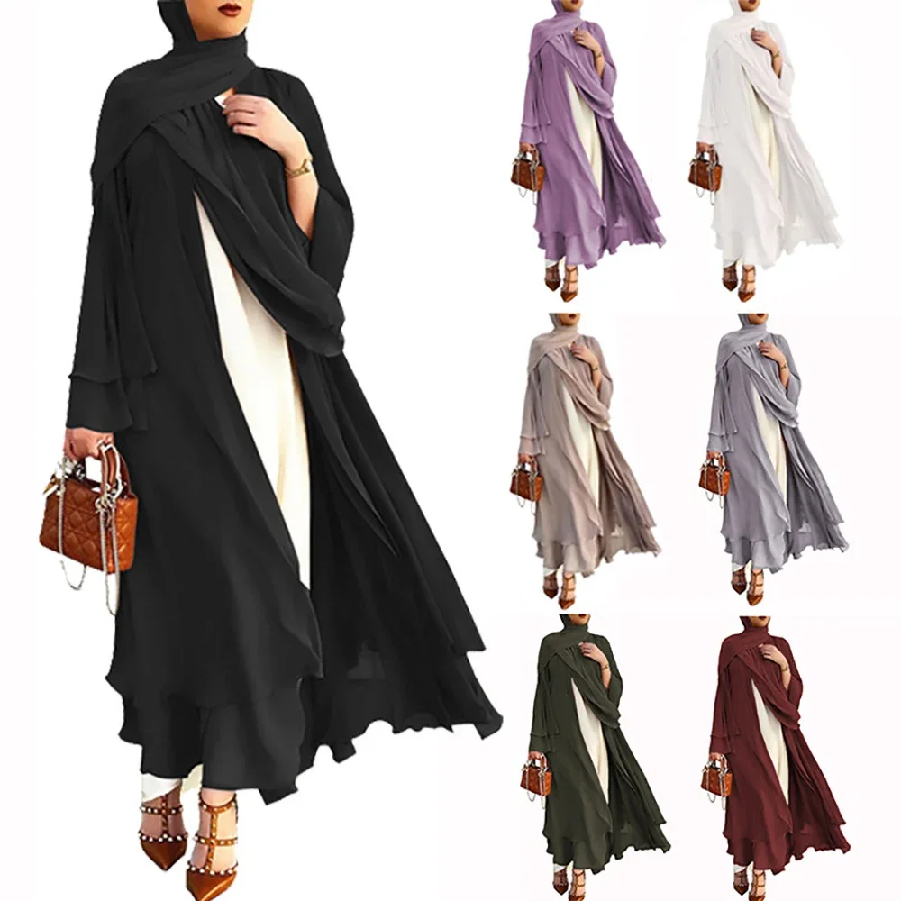 

2023 New Women Muslim Chiffon Cardigan Robe Jilbab Abaya Solid Color Soft Ramadan High Waist Ladies Dress Middle East Abayas