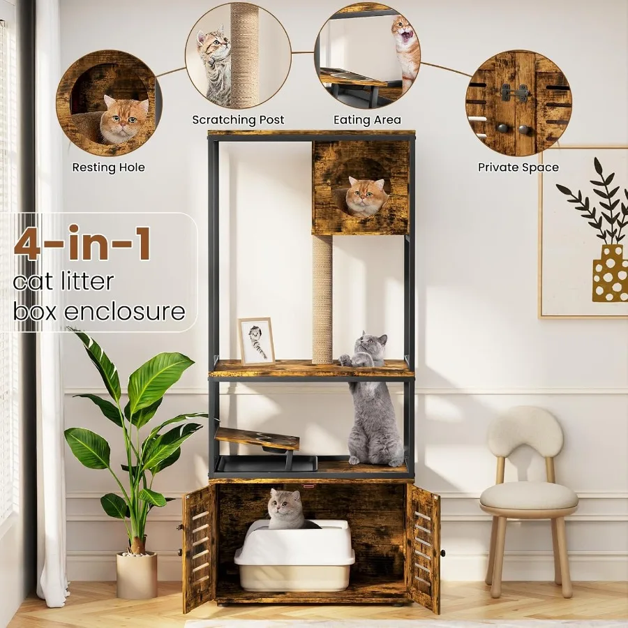 All-in-1 Large Cat Tree with Litter Box Enclosure and Scratching Posts Rustic Brown Cat Condo Featuring Integrated Feeding Bowl
