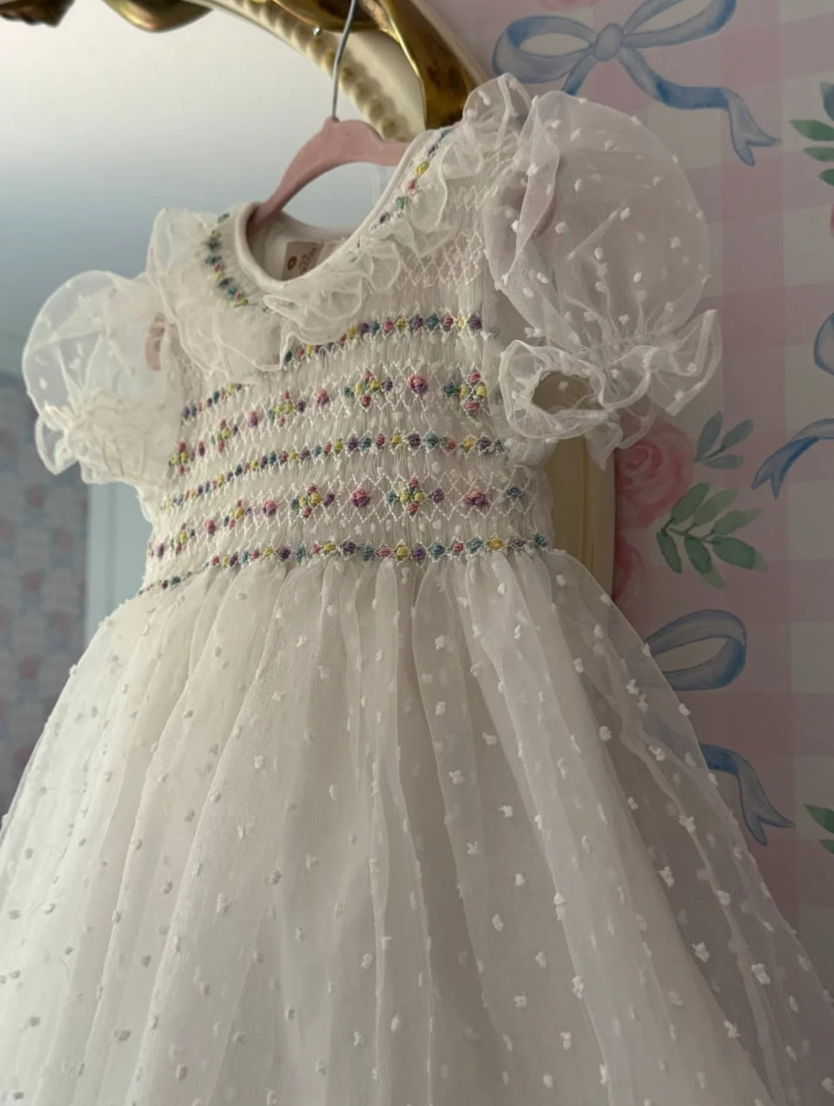 Summer Baby Girl Hand Smocked Princess Dress White Dot Mesh Floral Embroidery for Wedding Birthday Party Photography A470
