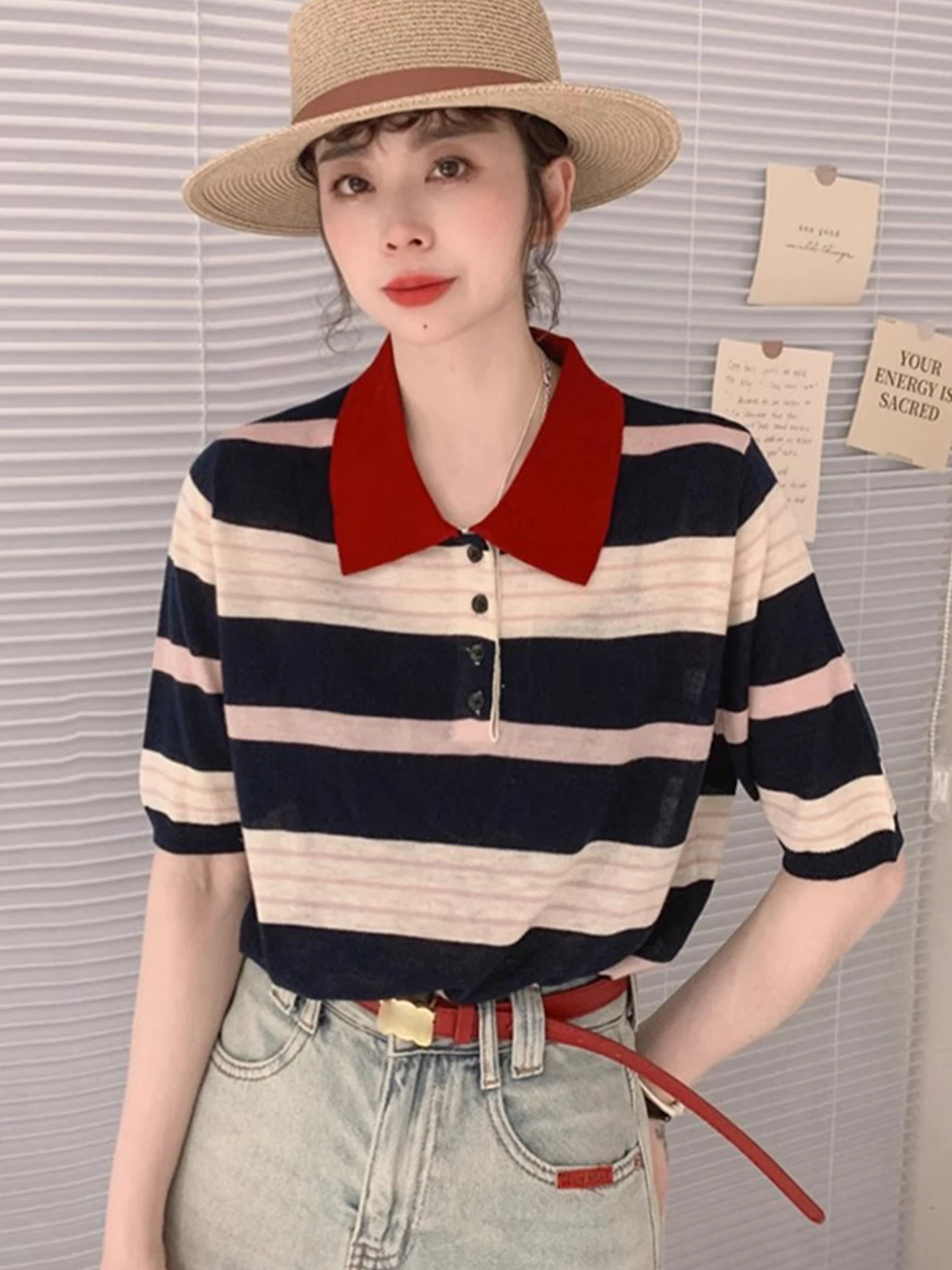 Blusa de Verano de Estilo Coreano Hoada, de Punto, con Cuello , Manga Corta, Diseño Color Blo, Csa Informal Única ...