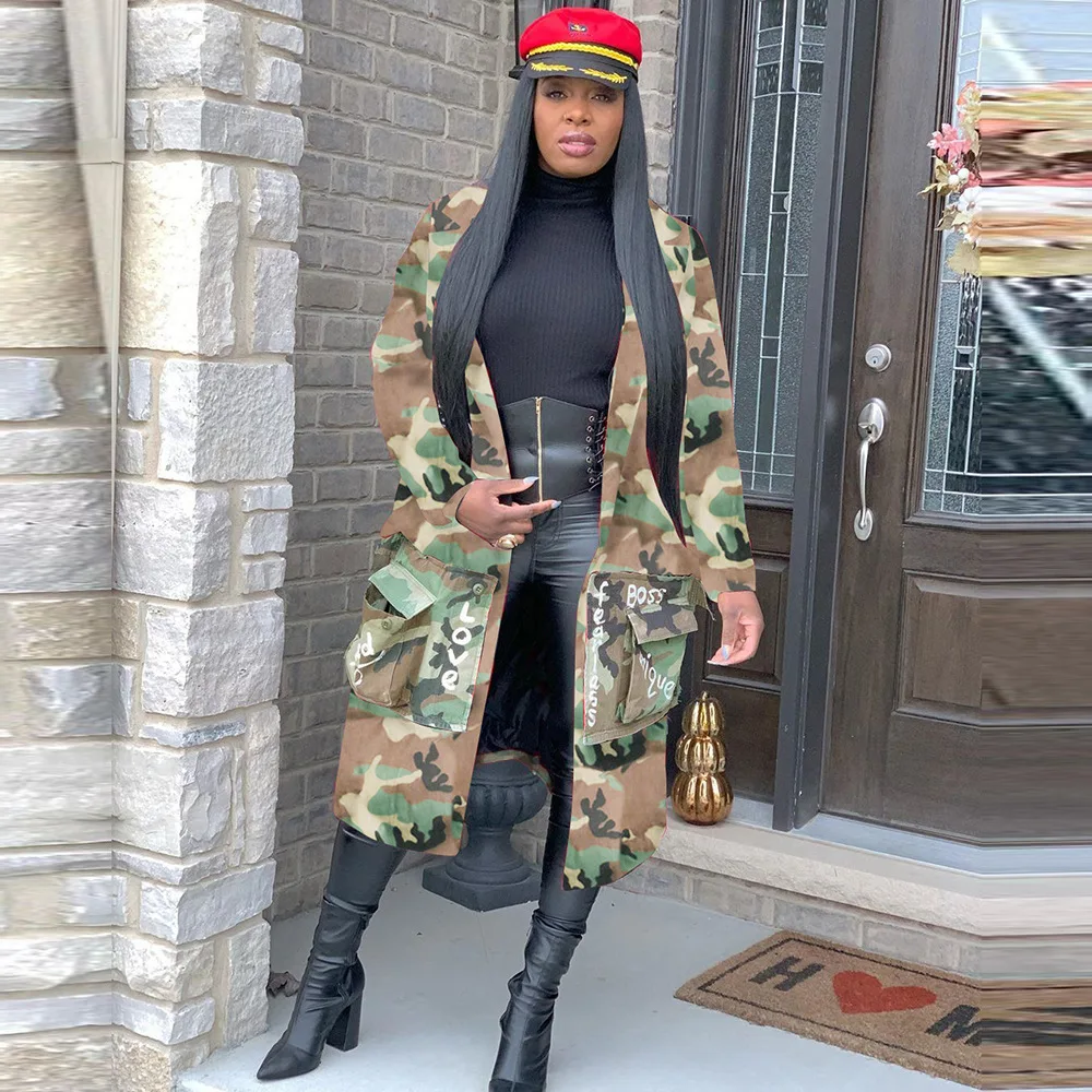 Women Camouflage Turn-down Collar Long Sleeve Pocket High Split Maxi Dress 2023 Fashion Streetwear Safari Cargo Dresses