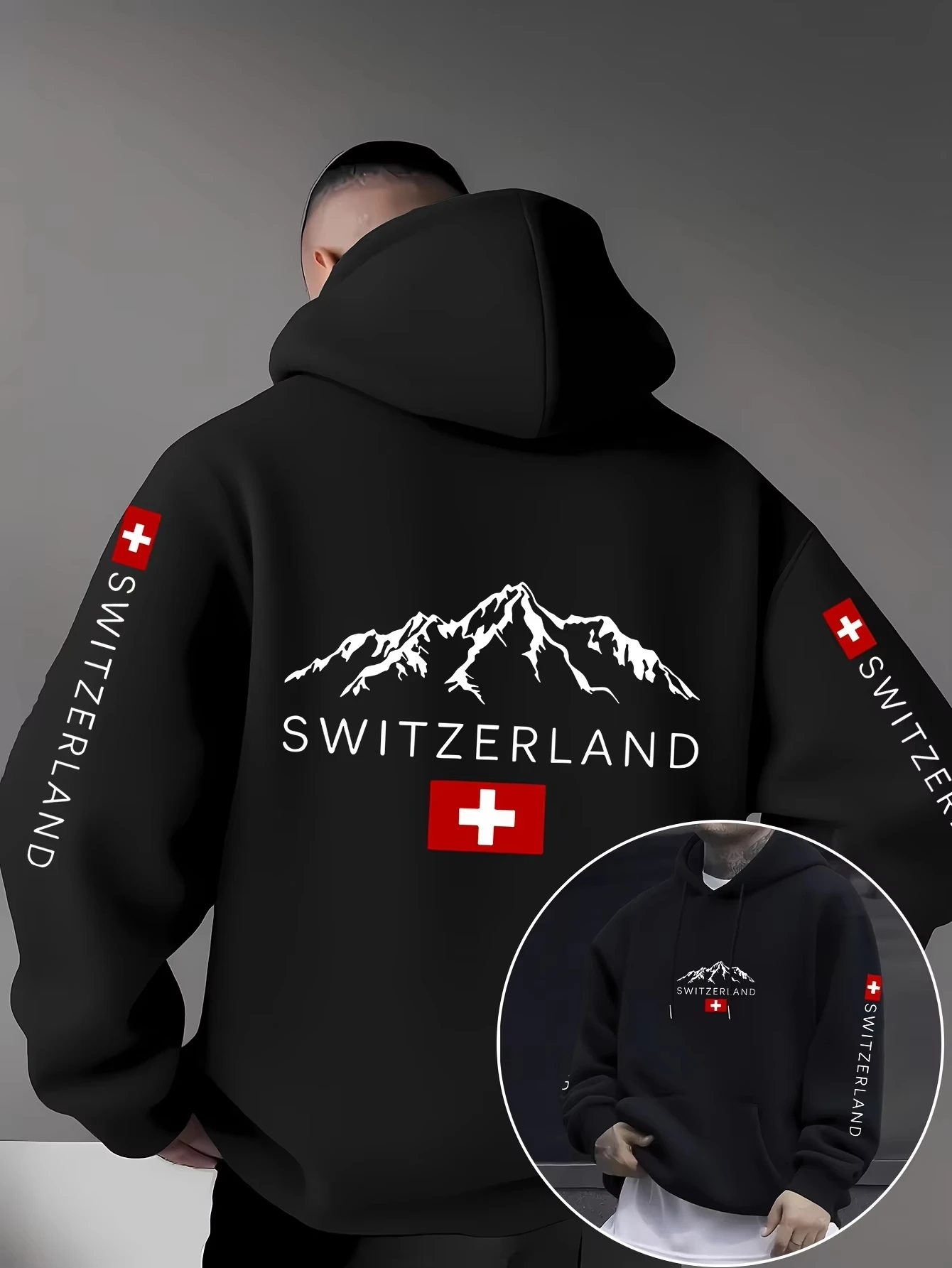 Herbst-Winter-Herren-Kapuzenpullover, Schweizer Alpenflagge, beidseitig bedruckter Pullover-Hoodie, patriotische Streetwear, Langarm-Oberteil – Detail 12