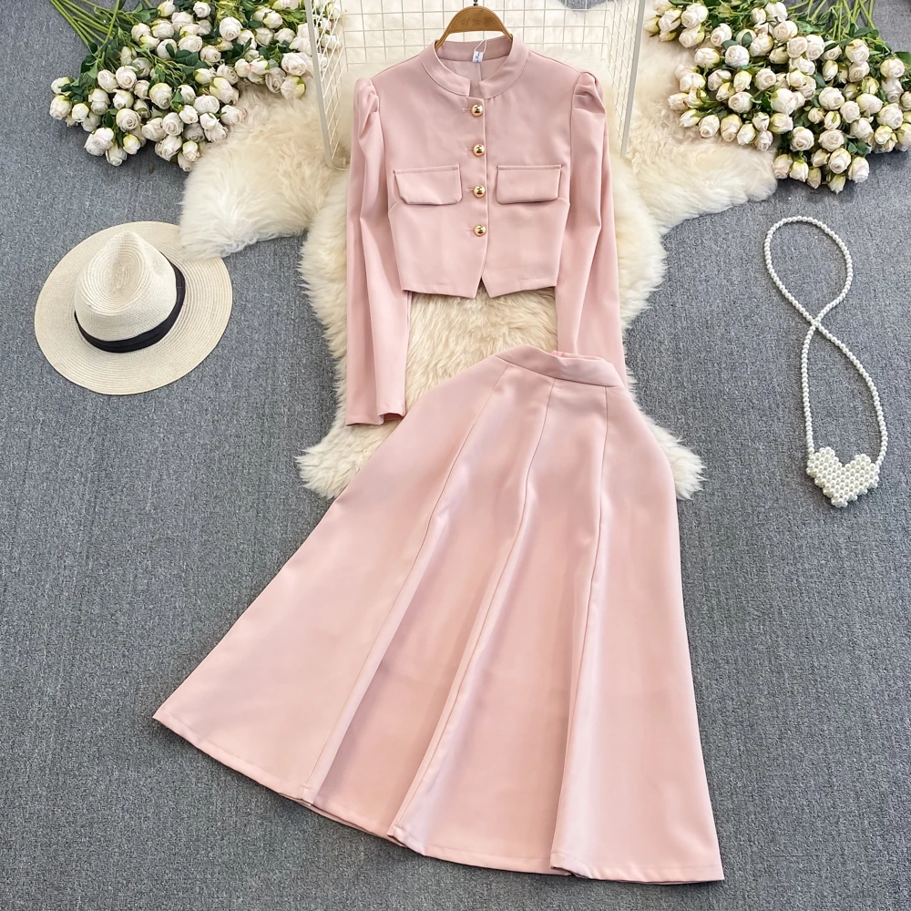 Small Fragrant Two Piece Skirt Women Bubble Long Sleeved Jacket Single breasted Coat Set of Two High Waist Slim A-line Skirt