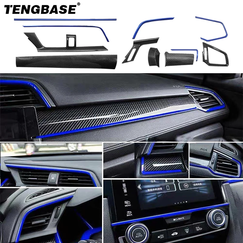 11Pcs Carbon Fiber Car Console Center Dashboard Cover Trim Decorative Stickers For Honda Civic Seden 2016 2017 2018 2019 2020