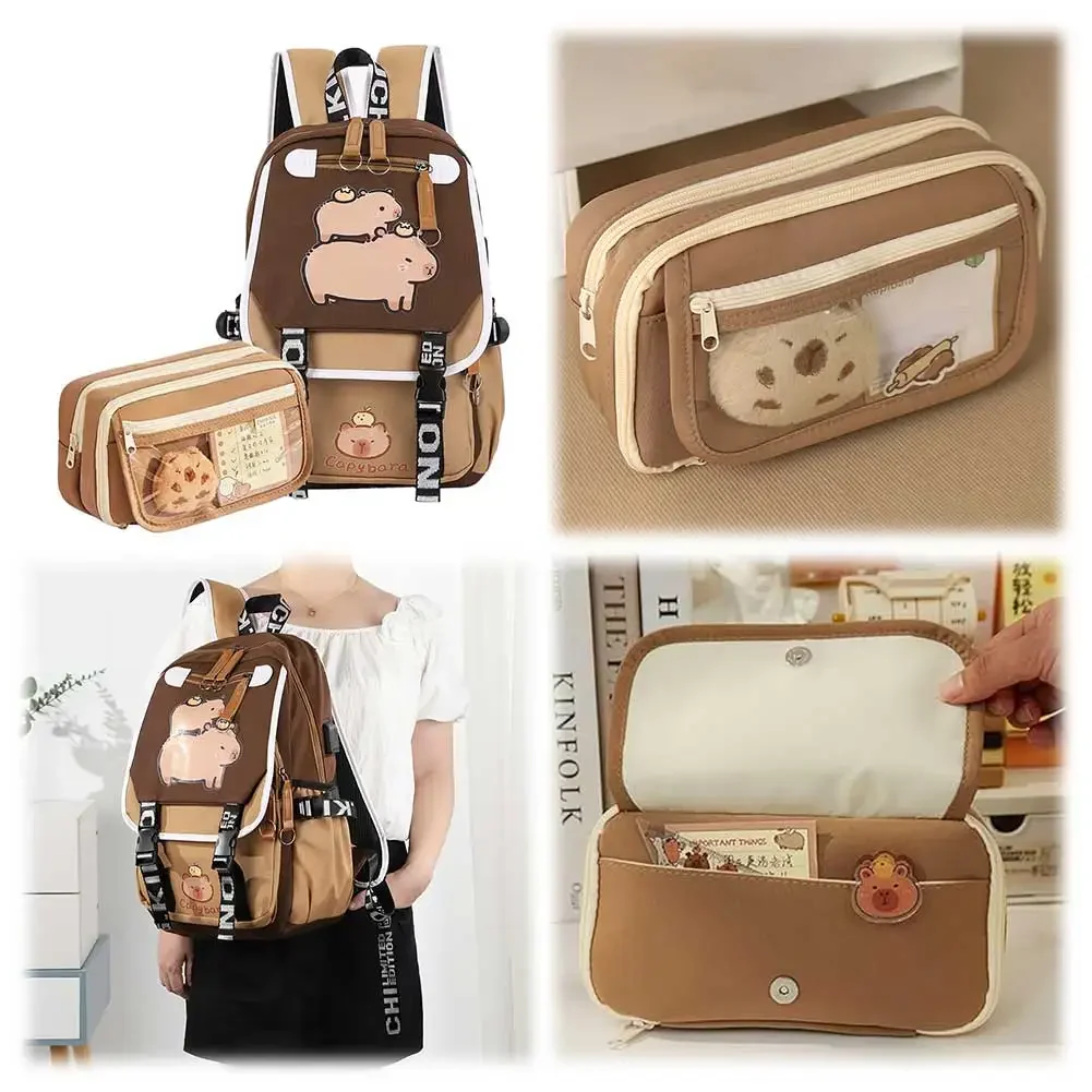

Fashionable Capybara Cartoon Backpack with Pencil Case Lightweight Rucksack Adjustable Straps Travel Daypack for Kids Teens