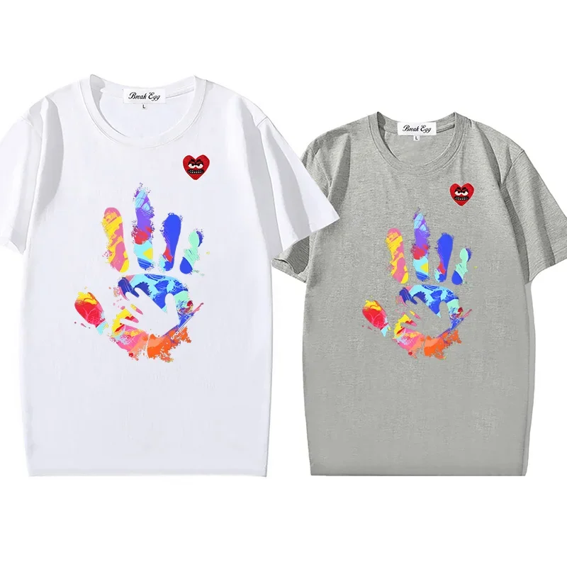 

Palm Printing Women Men T-shirt Cotton Cute Snag Heart Embroidery O-neck Short-sleeved Straight Summer T-shirt