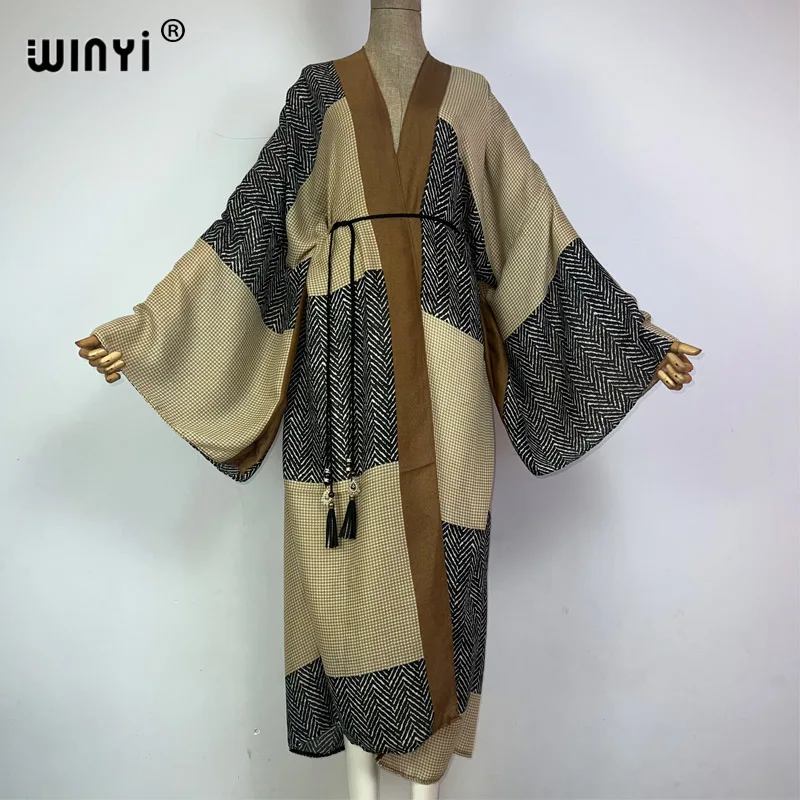 

WINYI kimono Europe Retro print boho kaftans for woman Cover-up Elegant Cardigan sexy Holiday maxi beach swimsuit evening dress