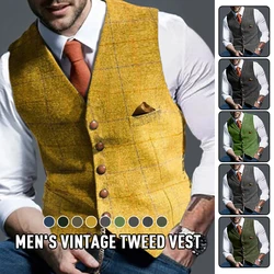 Moda męska kamizelki Lapel Tweed Plaid V-neck kamizelka dopasowana kamizelka biznes formalne strój Casual smoking ślubny kamizelka męska