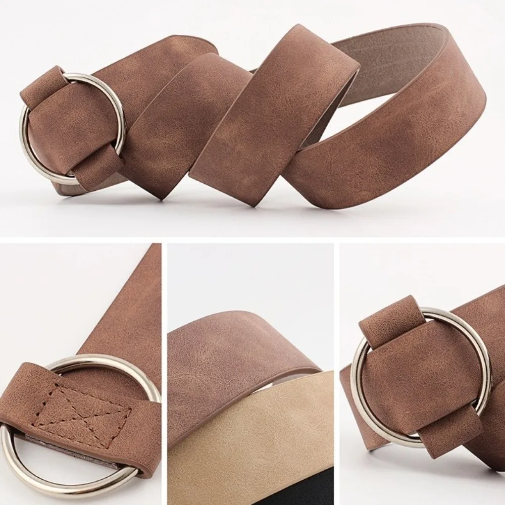3x103cm Women Belt Needleless Round Buckle Design Fashion Belt Adjustable Imitation Leather Round Buckle Belt for Daily Wear