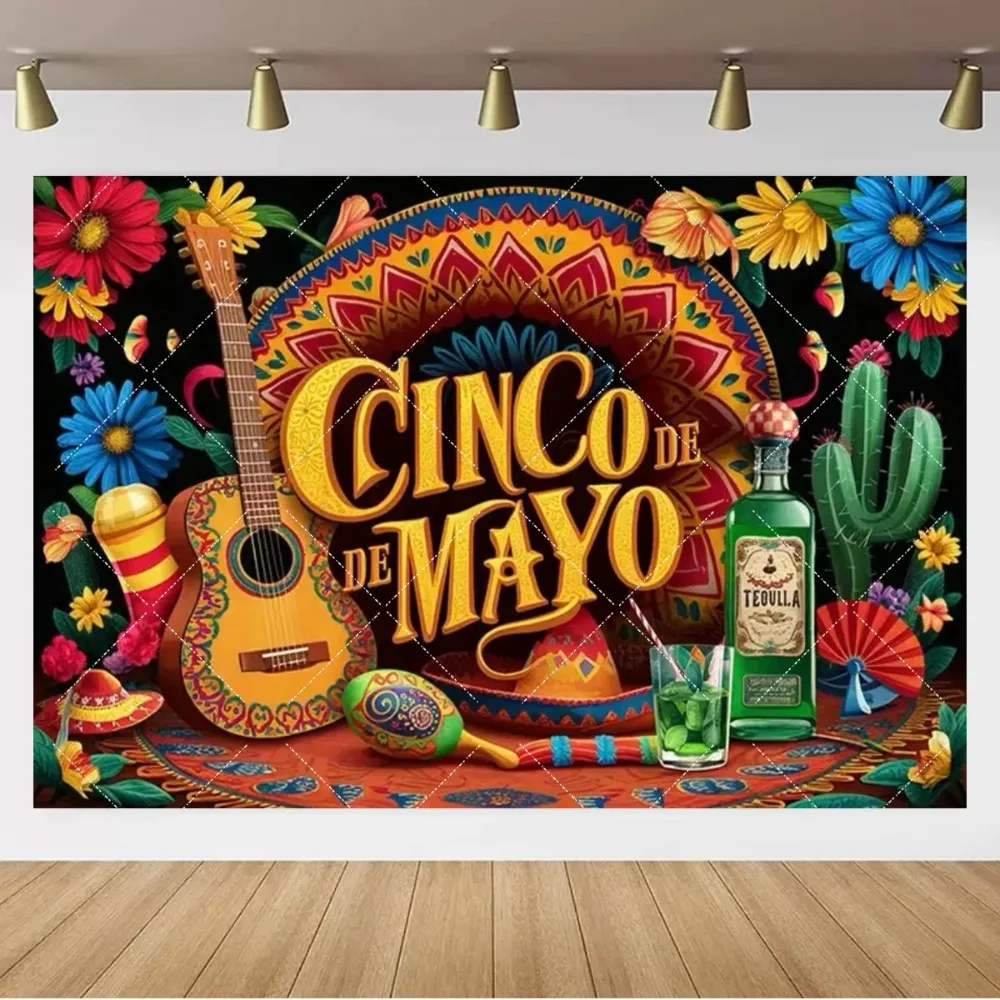 

Carnival themed decoration banner background, May 5th festival cactus guitar party props birthday photography studio background