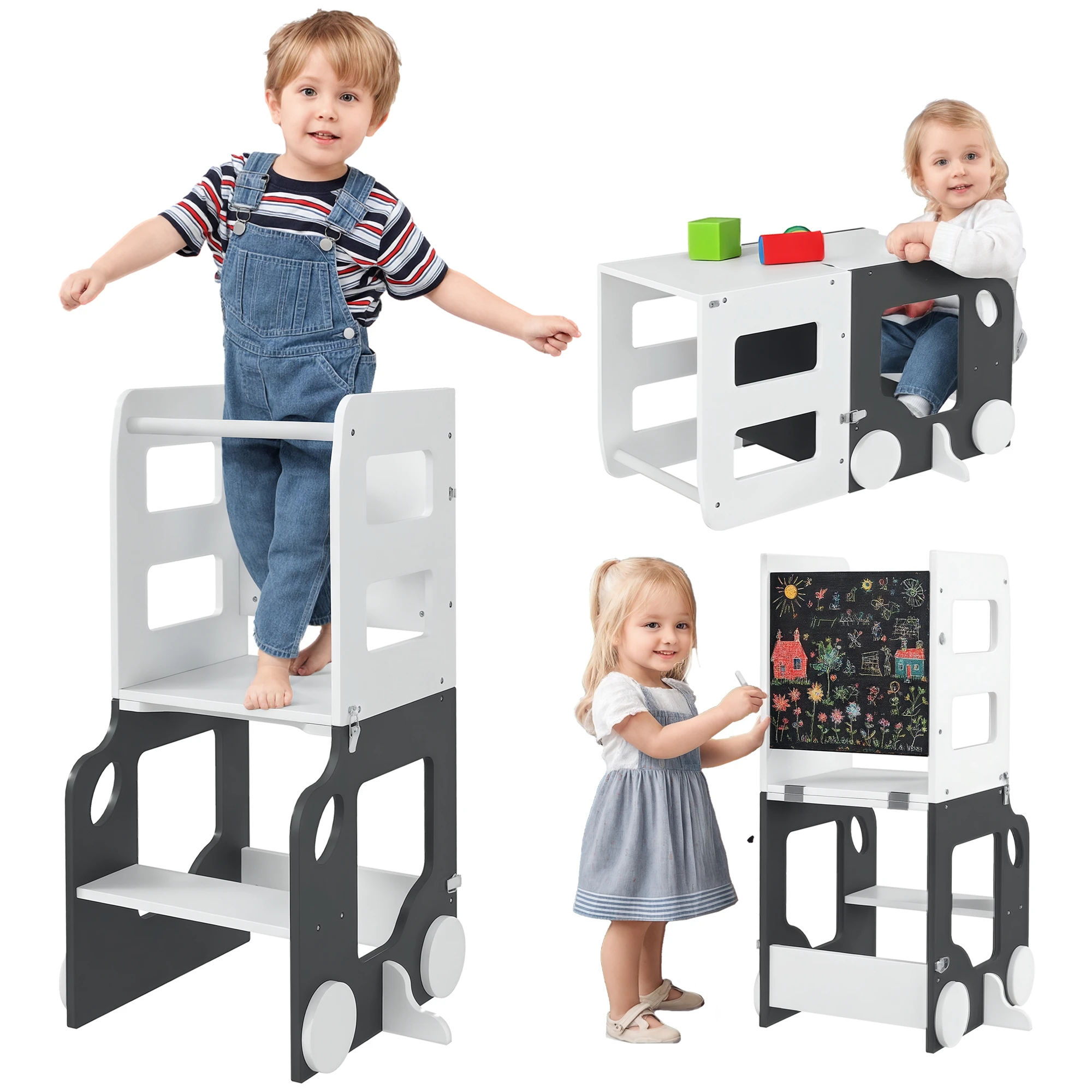 Tour d'apprentissage Aiyaplay pour enfants avec tableau noir convertible en table et chaise, design voiture, blanc et gris