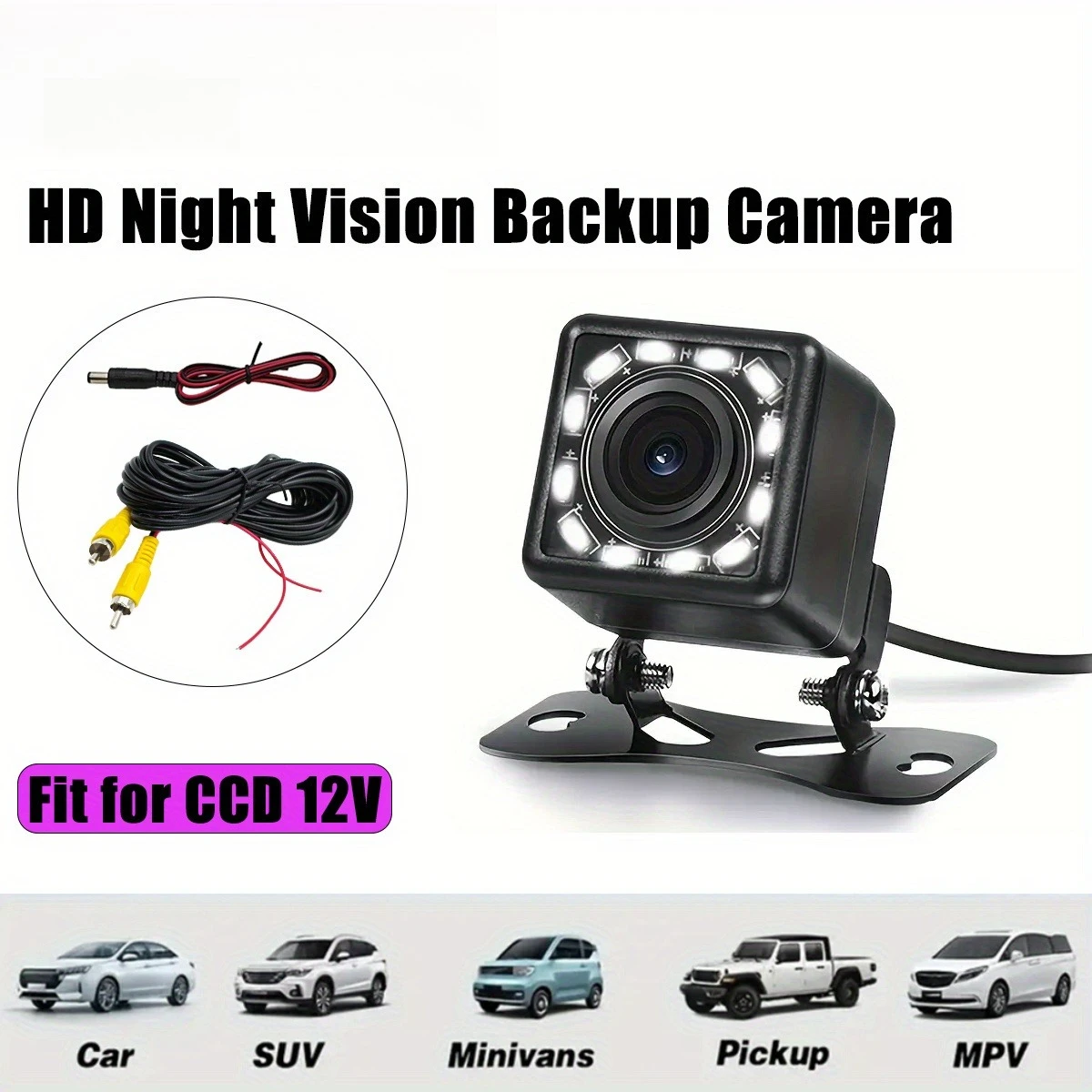 HD Rearview Camera with 12 LEDs and Wide-Angle Lens, Easy Installation, Suitable for RVs, Trucks, SUVs - Night Vision Function