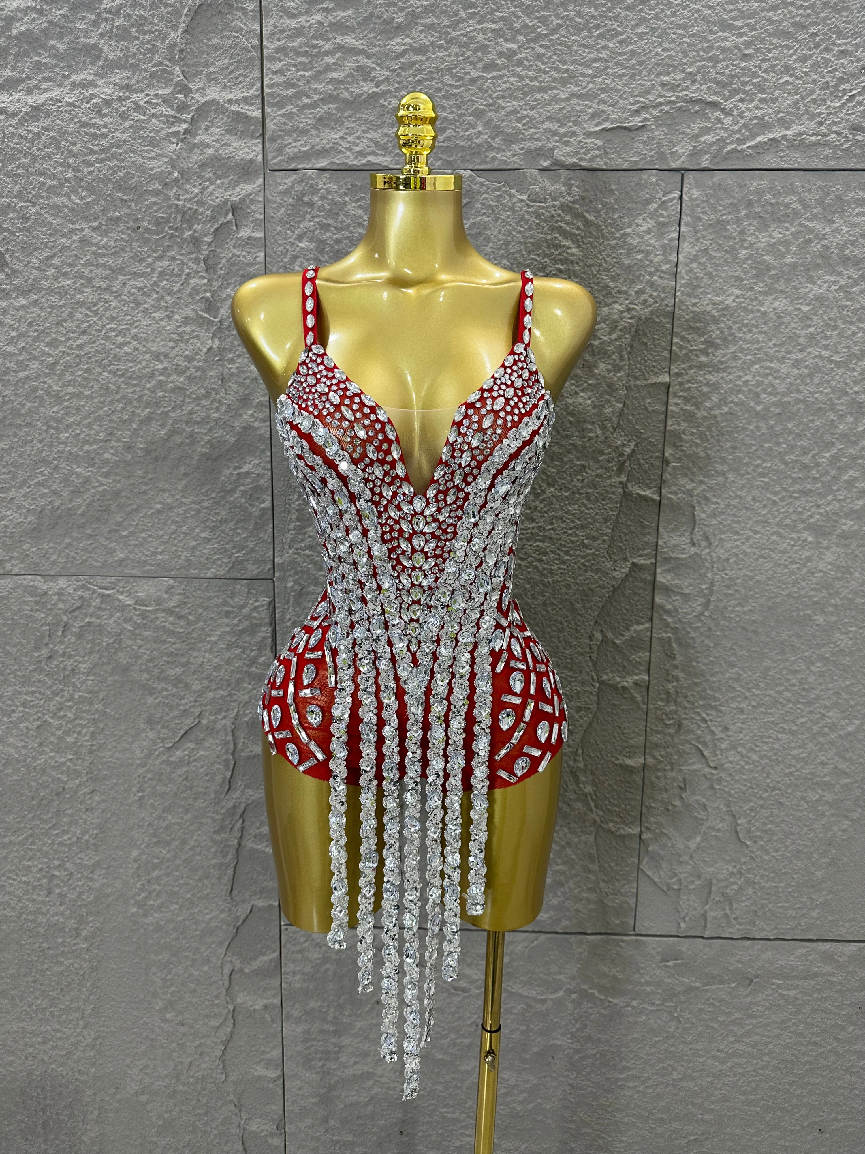 Sexy Sheer Mesh Bodysuit Women Spaghetti Strap V-Neck Full Crystal Embellished Fringe Bodycon Outfit Stage Performance Costume