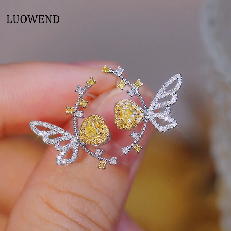 

LUOWEND 18K White Gold Earrings Real Natural Yellow Diamond Stud Earrings for Women High Wedding Jewelry Romantic Shiny Design