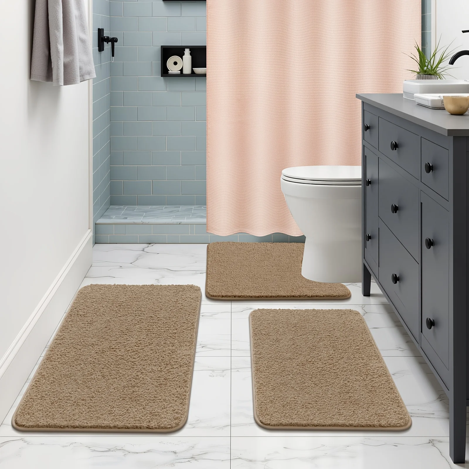 

Set Of 3pcs Bathroom Rugs Made Of Microfiber+1pc Shower Curtain Set With12 Hooks, Featuring Non-Slip Mats, Soft Shaggy Textures, And Runners.They Are Machine Washable And Come In Sizes 18"X26", 20"X32", U Shape 20"X24", Perfect for Home Decoration.