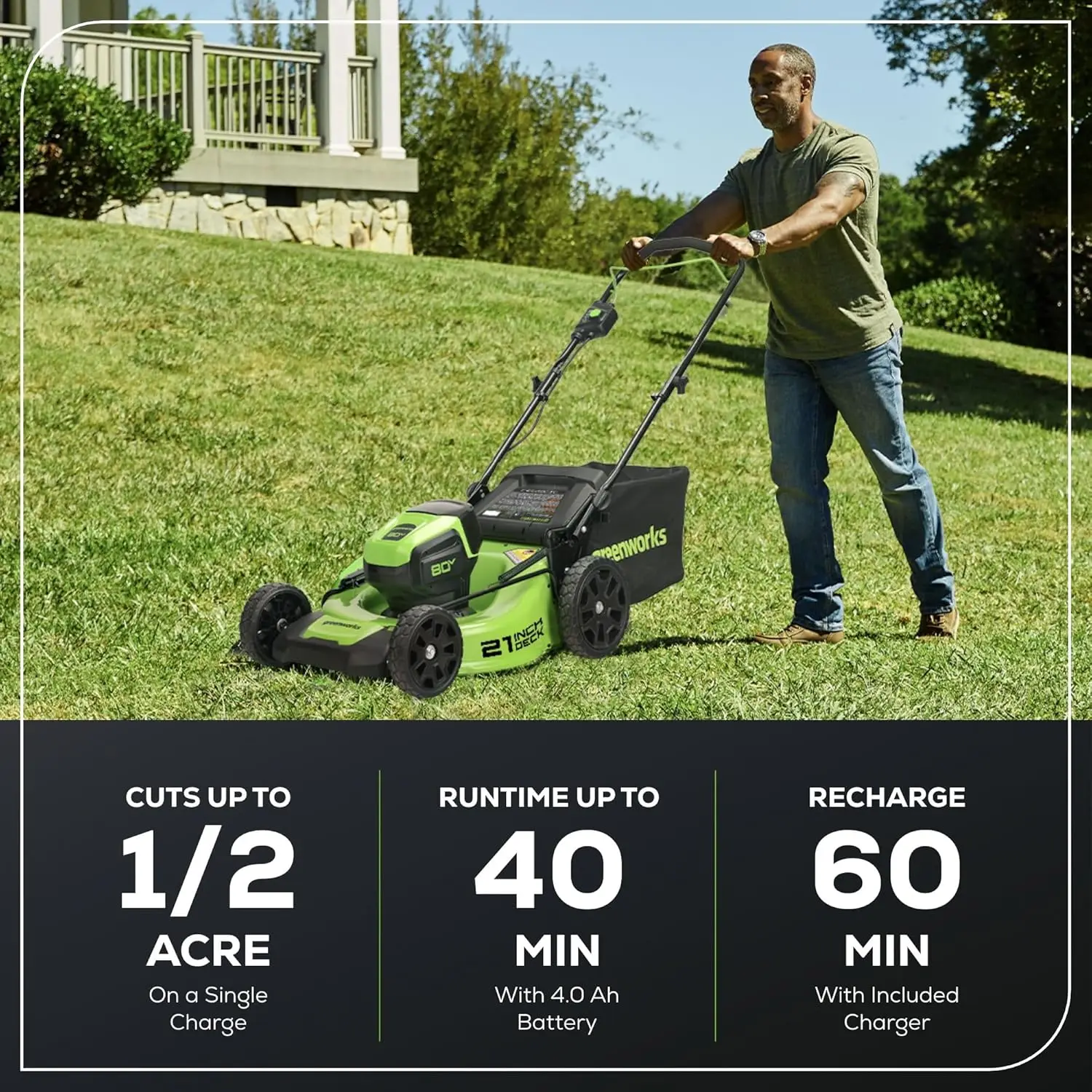 

Greenworks 80V 21" Brushless Cordless (Push) Lawn Mower (75+ Compatible Tools), 4.0Ah Battery and 60 Minute Rapid Charger