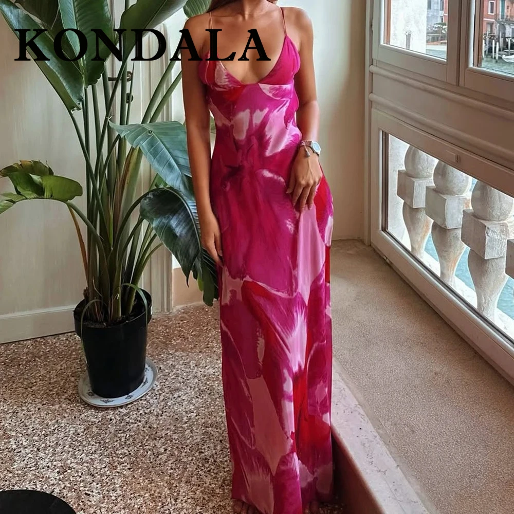 KONDALA Chic Sexy 2025 été rose plissé femme robe nœud cou monté vacances longue robe imprimer femme fermeture éclair gaine robes