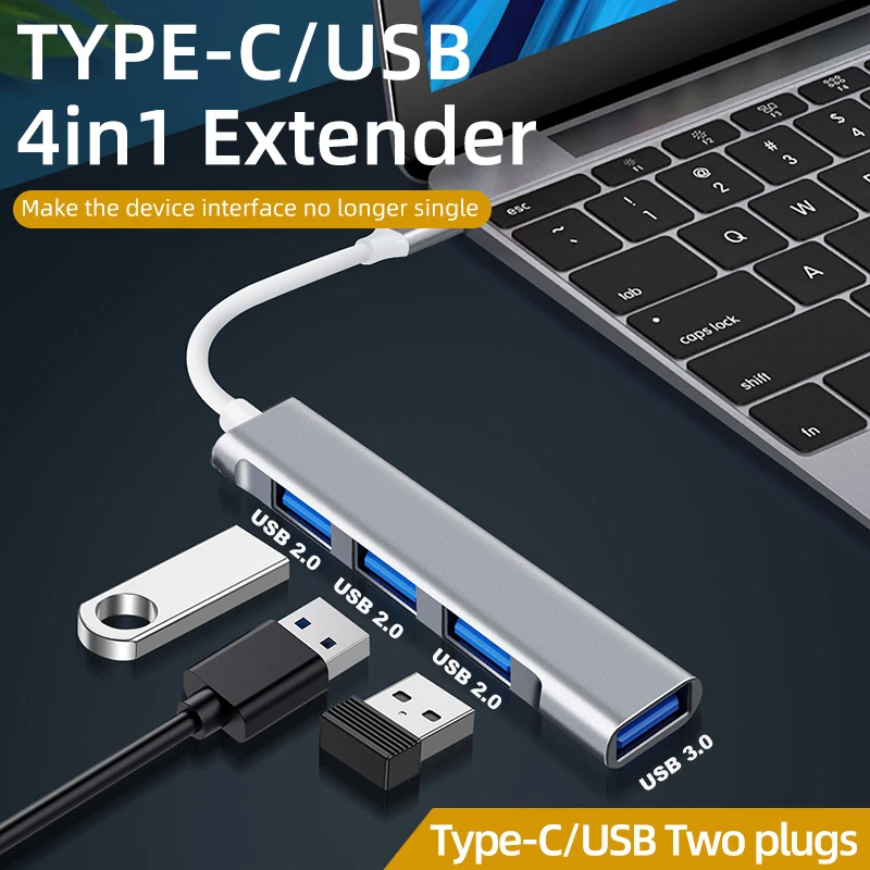 USB-разветвитель серебристый с 4 портами USB Type-C на USB 3,0