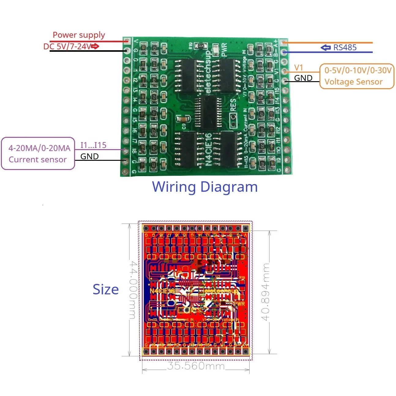 

16CH Current Voltage Analog Collector 20MA 30V ADC RS485 Bus Core Board for Arduino Pi PICO ESP32 ESP8266 WIFI Nodemcu