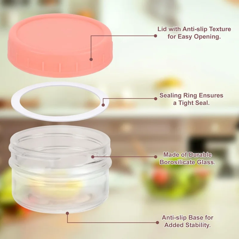 TOPLIVING 6 Stk Dressing Containers, 80ML Glass Small Jars with Round Lid, Meal Prep Jars, Leak-Proof Sauce Salad Dressing