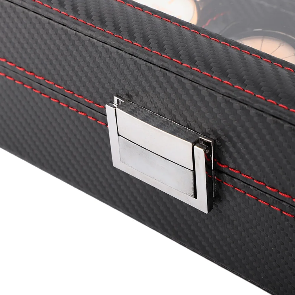 

Durable Carbon Fiber Watch Box Red Stitching Clear Window Storage Box 5-Slot Twill Display Case Home