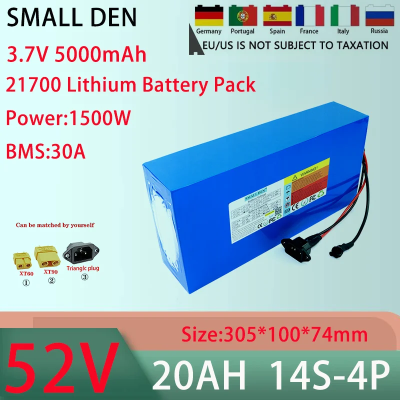 New 52V 20AH 14S4P 21700 lithium battery pack With 30A BMS 100-1500W high-power rechargeable battery+58.8V 5A charger