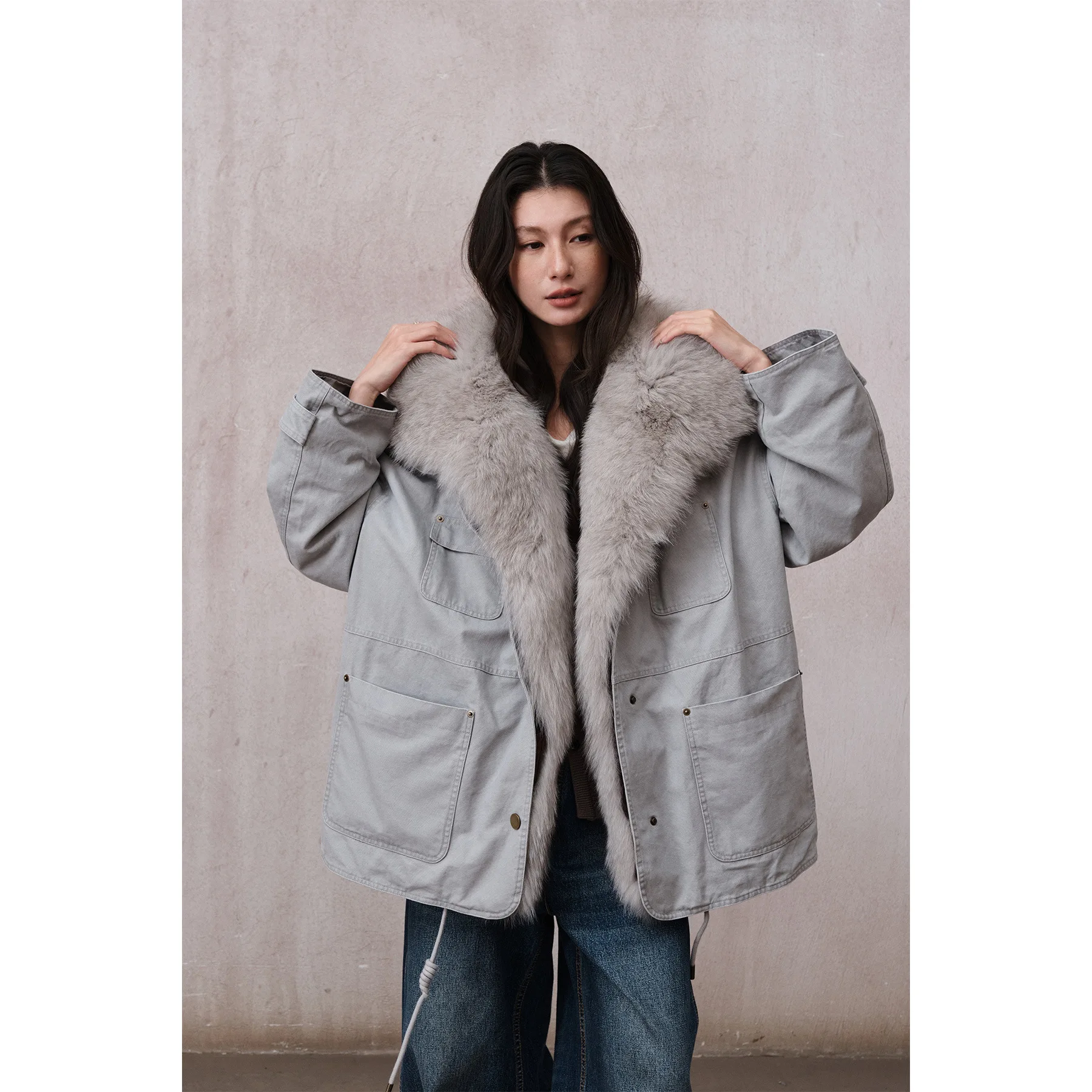 UMI MAO-Chaqueta holgada de longitud media para mujer, chaqueta de plumón de pato blanco 90% con cuello de piel de algodón, Casacos femeninos Y2K