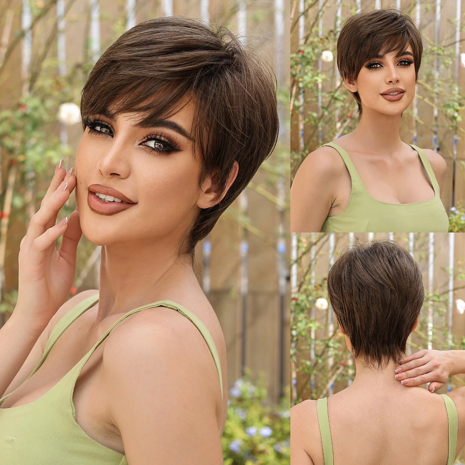 Dark Brown Pixie Cut Synthetic Wigs with Bangs Short Straight Layered Pixie Cut Wig for Women 6inches Wig Machine Made Wig Daily