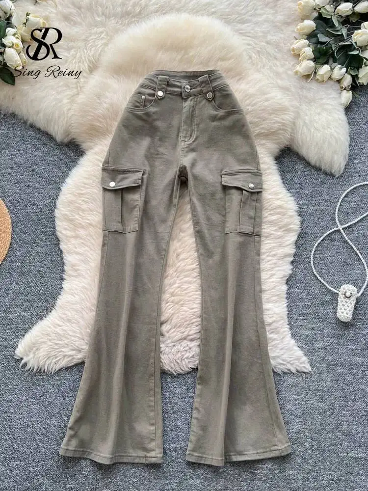 トレンドのホットガールカーゴパンツ、女性用秋物ハイウエストストリートウェアジーンズ、ポケットジッパー付き、ヴィンテージ風ロングパンツ