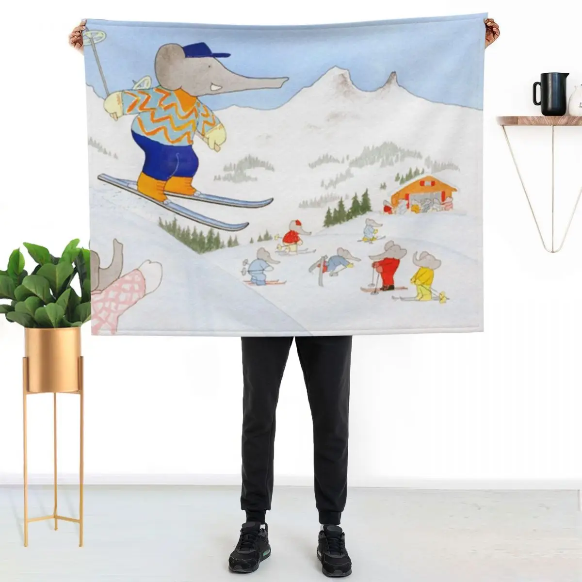 Babar goes skiing Throw Blanket for sofa christmas gifts Flannel Plush Sofa Throw Hairy Blankets