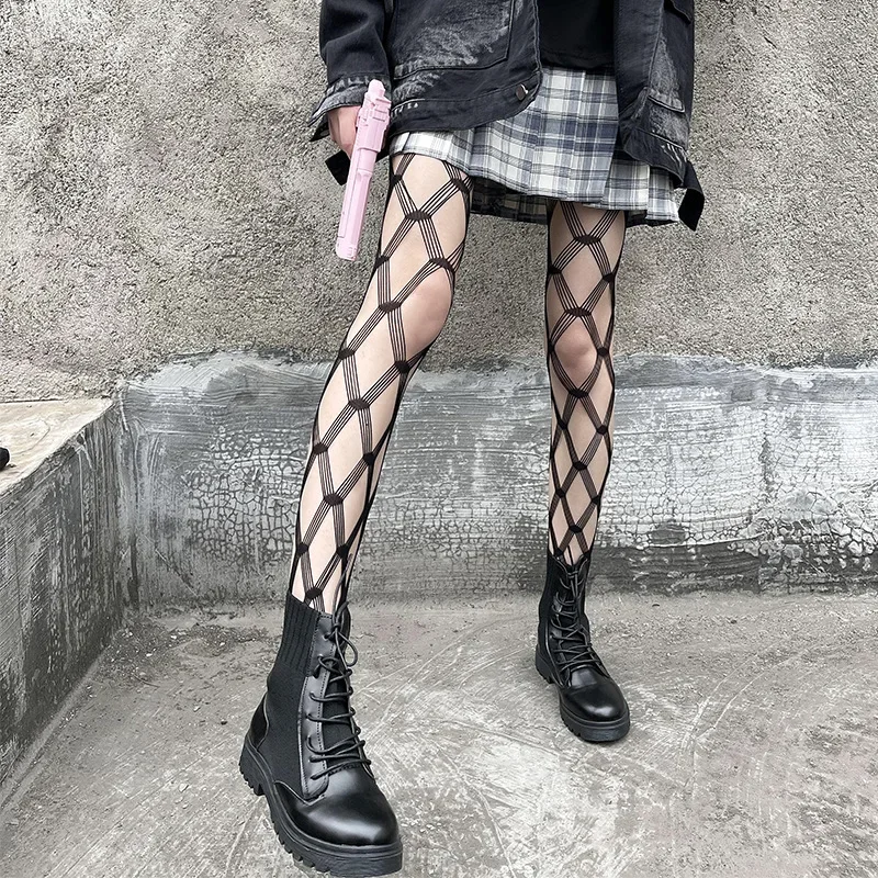 Lolita JK Girls Streetwear Mesh Stockings Long Socks Women's Five-line Rhombic Grid See-through Sexy Fishnet Tights Lingerie