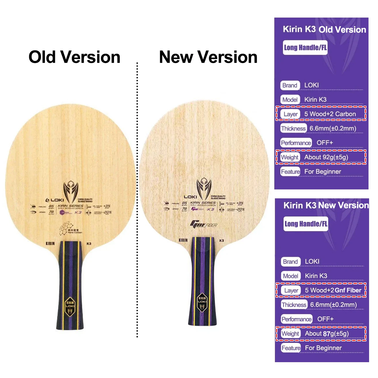 LOKI KIRIN K3 الإصدار الجديد شفرة تنس الطاولة مقبض طويل FL قبضة 5 خشب + 2 ألياف Gnf ​   OFF+ مجداف بينج بونج الكربوني للمبتدئين