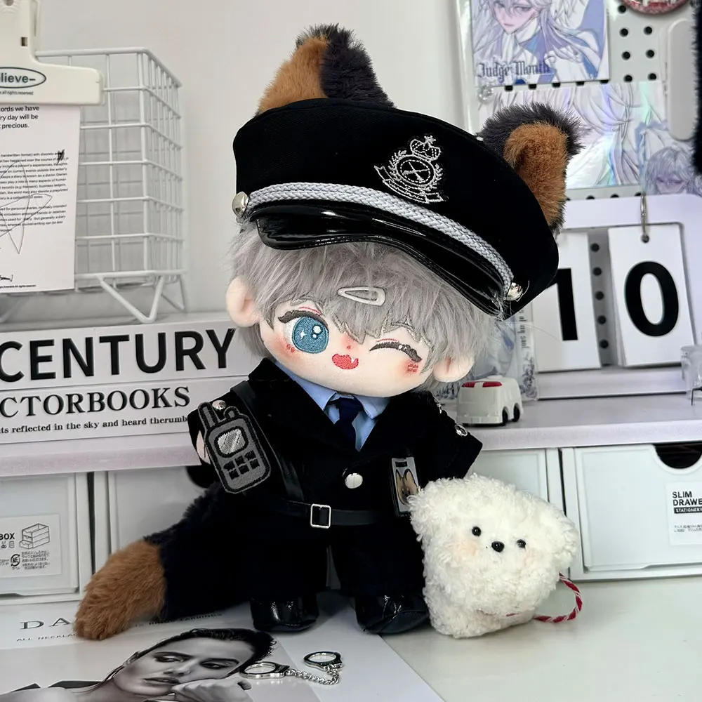

20cm Plush Doll Clothes Cool Handsome Police Officer Hat Blue Shirt Tie Suit Jacket Black Pants Shoes Belt Set Doll Accessories